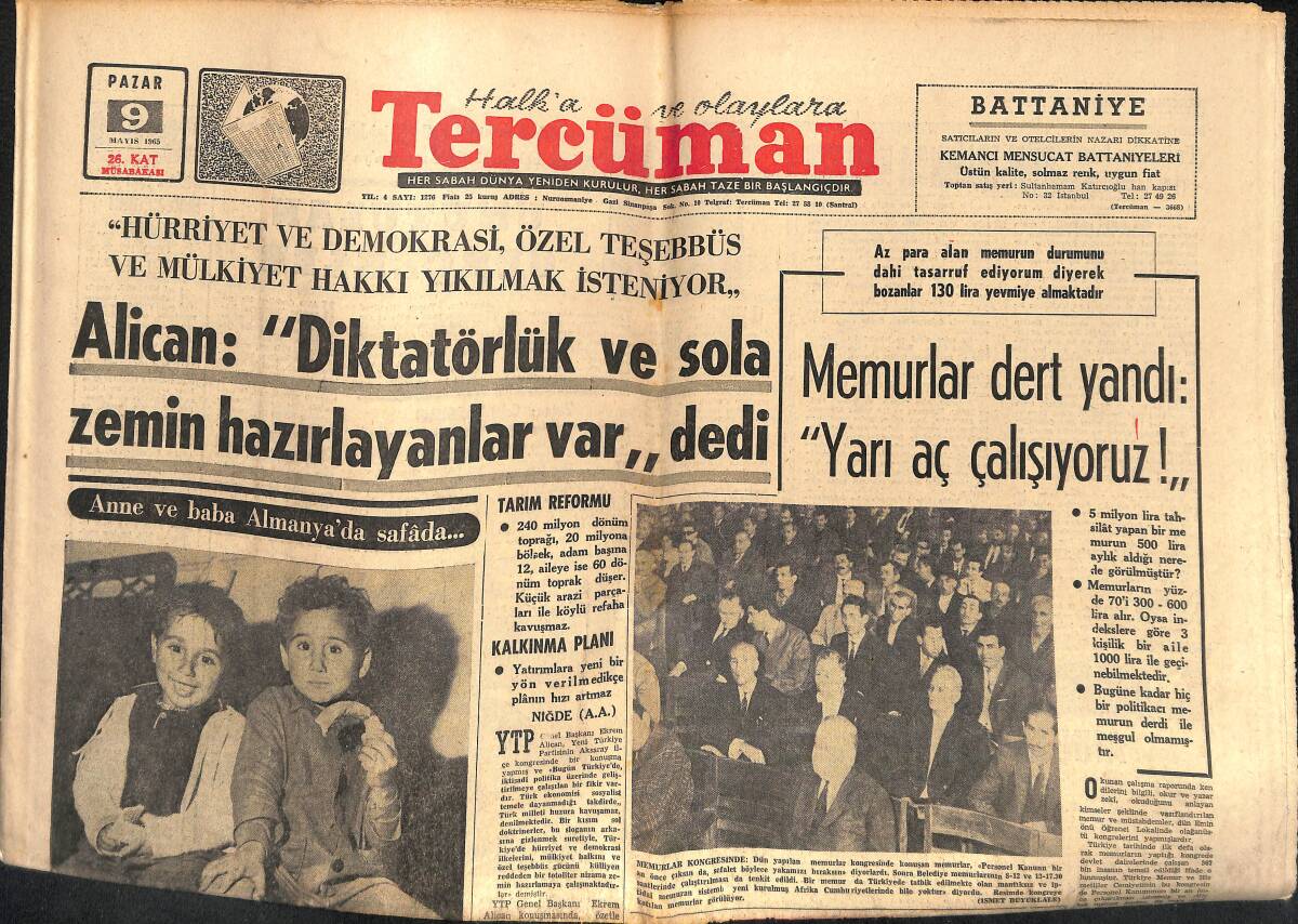 Tercüman Gazetesi 9 Mayıs 1965 - Memurlar Dert Yandı: Yarı Aç Çalışıyoruz! - Papandreu Ve Makarios Anlaşmaya Varamadı! GZ140584 - 1
