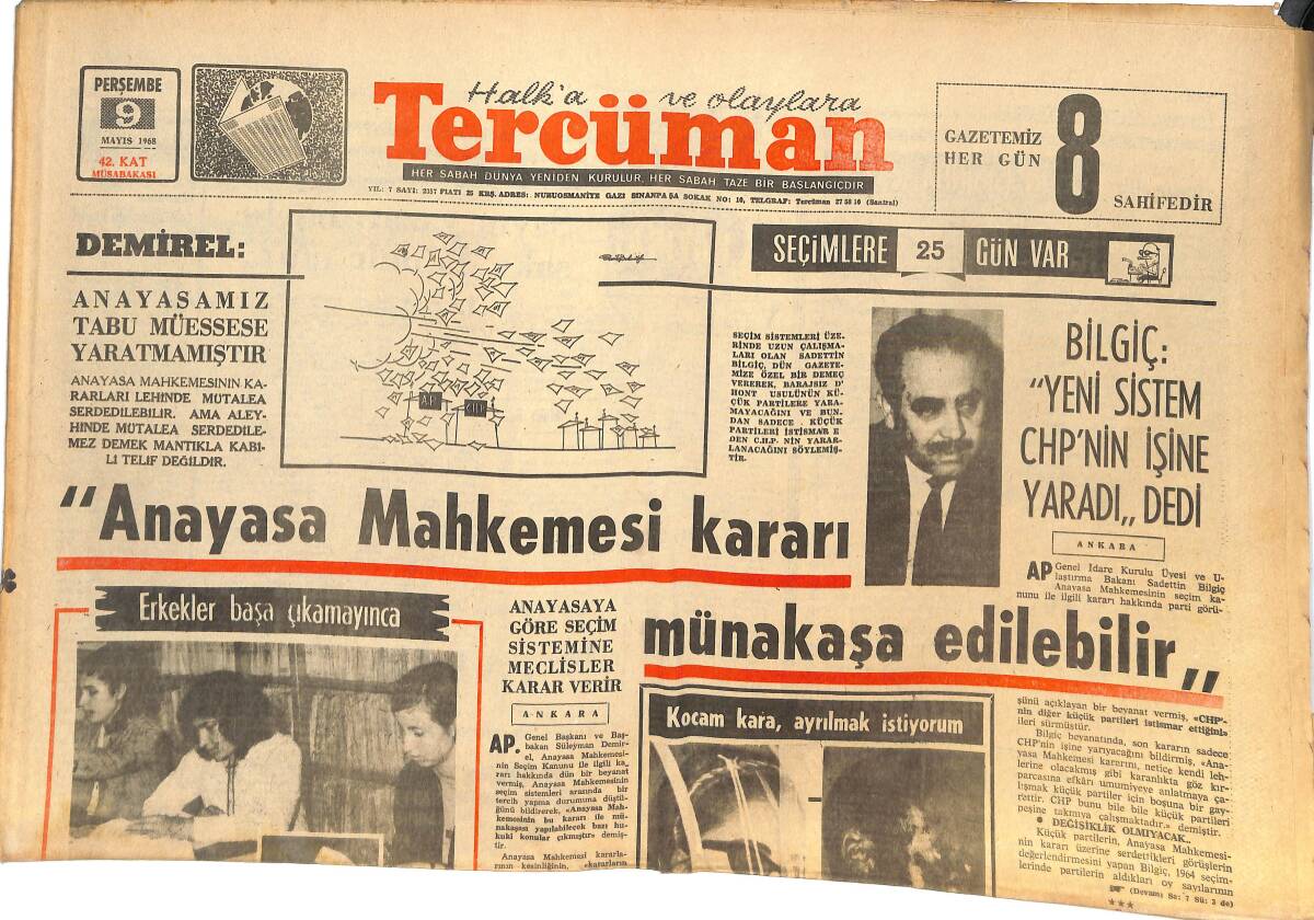 Tercüman Gazetesi 9 Mayıs 1968 - Anayasa Mahkemesi Kararı Münakaşa Edilebilir - Türkiye Birincisi Ligi 14 Takıma İndirilecek! GZ144715 - 1