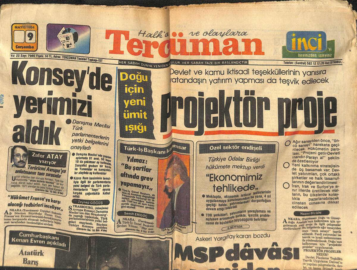 Tercüman Gazetesi 9 Mayıs 1984 - Konseyde Yerimizi Aldık - MSP Davası Yeniden Görülecek GZ133482 - 1