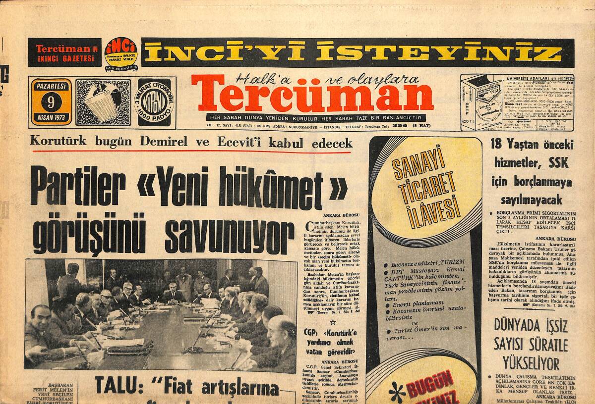 Tercüman Gazetesi 9 Nisan 1973 - Sanıklar Arasında 21 Kız Ve Yılmaz Güney de Bulunuyor - Partiler '' Yeni Hükümet '' Görüşünü Savunuyor GZ141136 - 1