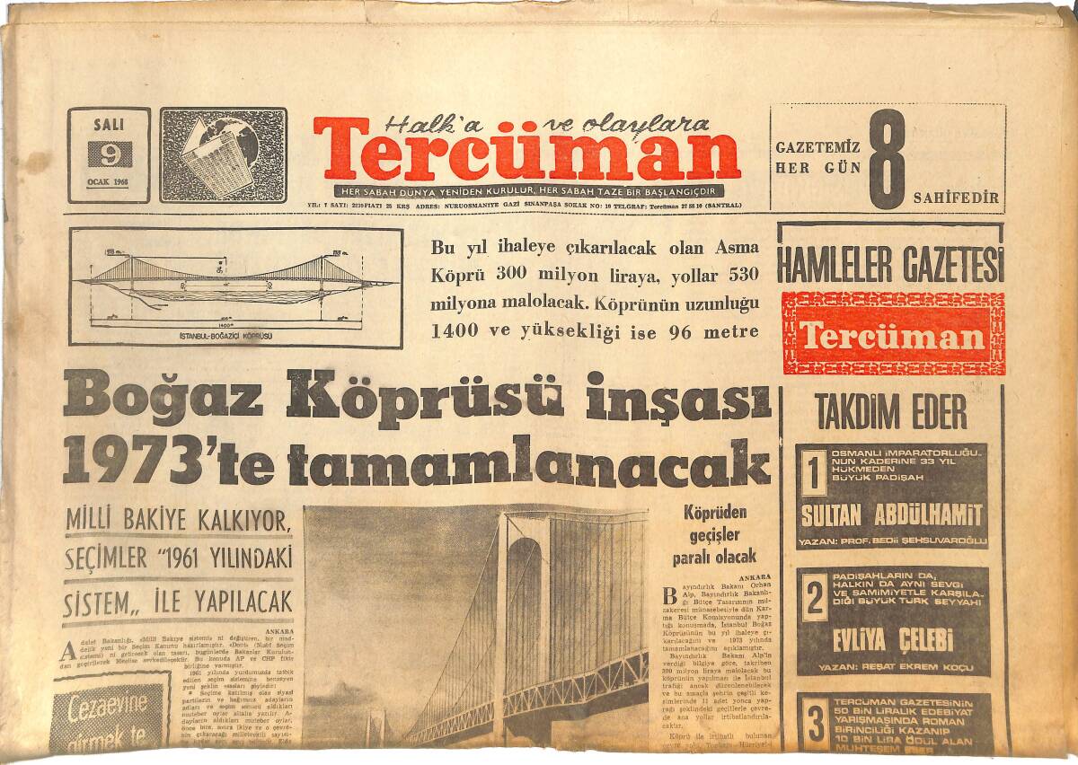 Tercüman Gazetesi 9 Ocak 1968 - Boğaz Köprüsü İnşası 1973'te Tamamlanacak! - Muhammed Ali Maddi Sıkıntı İçersinde! GZ145026 - 1
