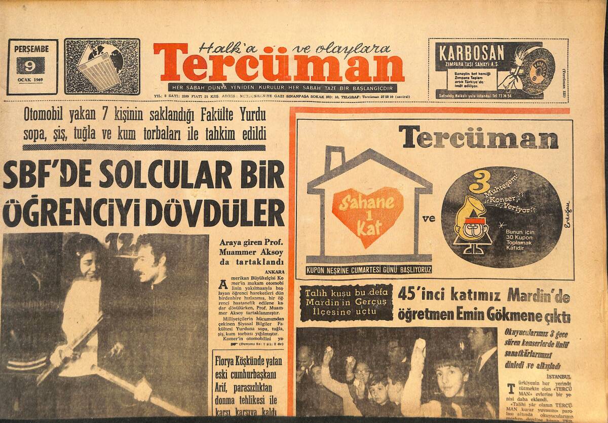 Tercüman Gazetesi 9 Ocak 1969 - SBF'DE Solcular Bir Öğrenciyi Dövdüler - Vehbi Koç Vakfı Kuruldu! GZ146280 - 1