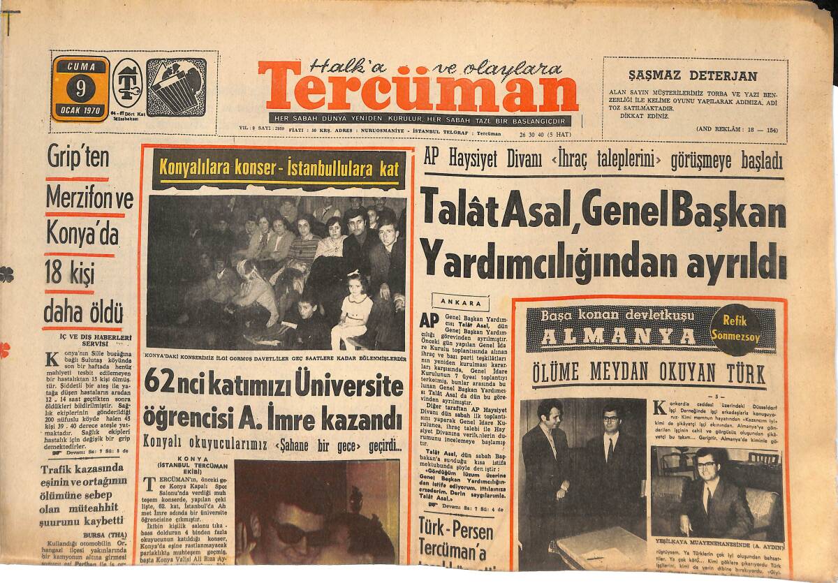 Tercüman Gazetesi 9 Ocak 1970 - Talât Asal , Genel Başkan Yardımcılığından Ayrıldı - Personel Kanunu Marttan İtibaren Tatbik Edilecek GZ144759 - 1
