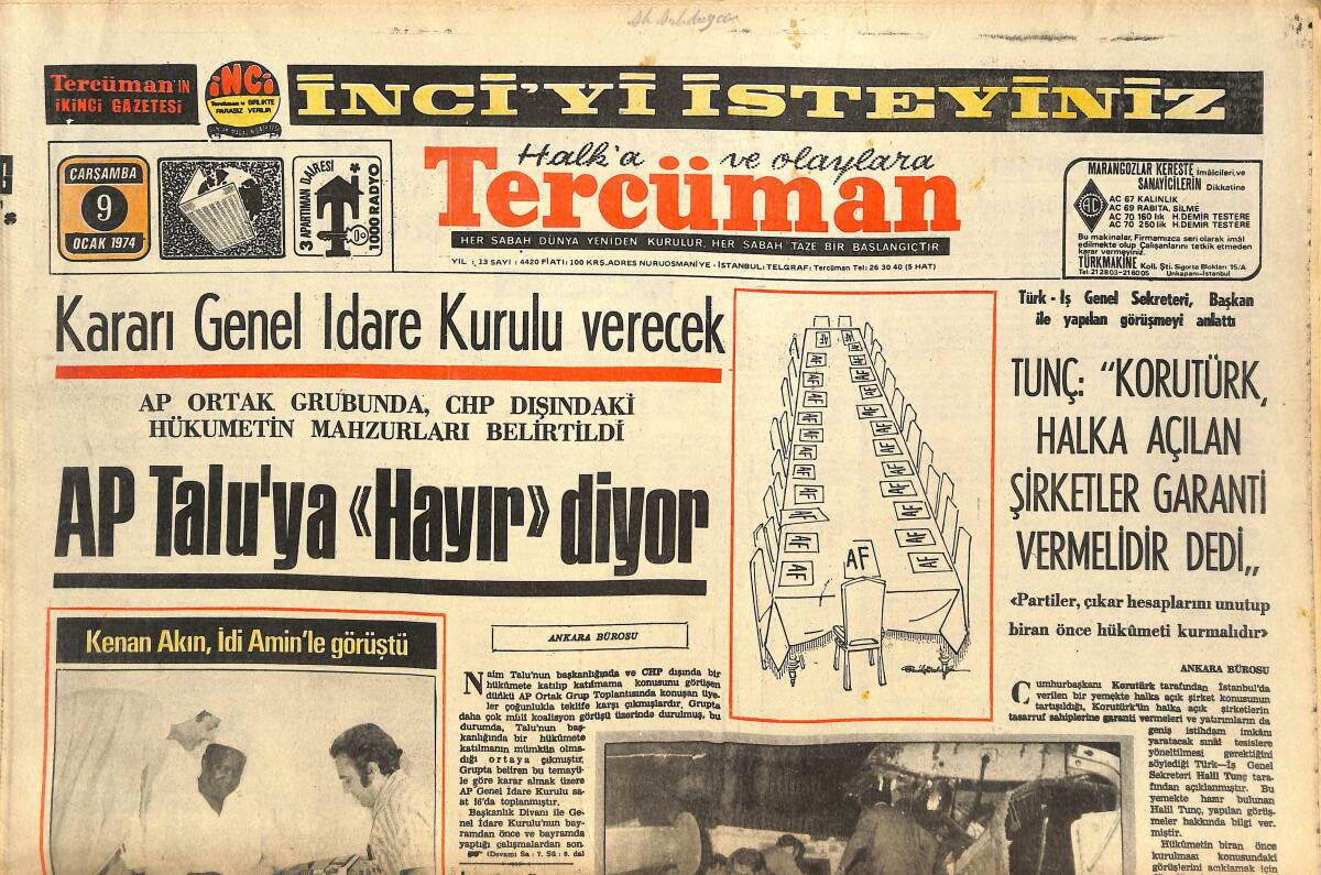 Tercüman Gazetesi 9 Ocak 1974 - AP Talu'ya Hayır Diyor - Kenan Akın , İdi Amin'le Görüştü GZ144522 - 1