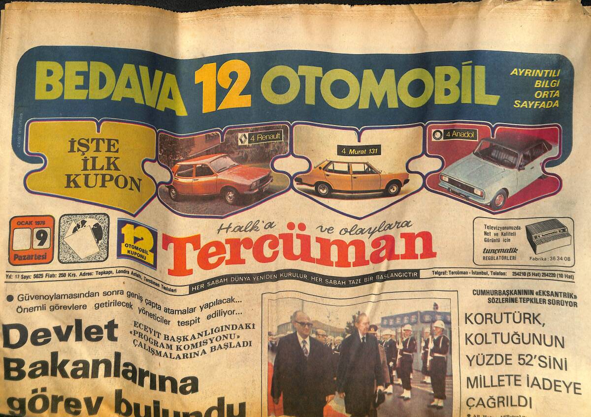 Tercüman Gazetesi 9 Ocak 1978 - Devlet Bakanlarına Görev Bulundu - Erbakan : Kıbrıs'tan Taviz Verenler Vatan Haini Olurlar - Fenerbahçe Yine Lider GZ133497 - 1