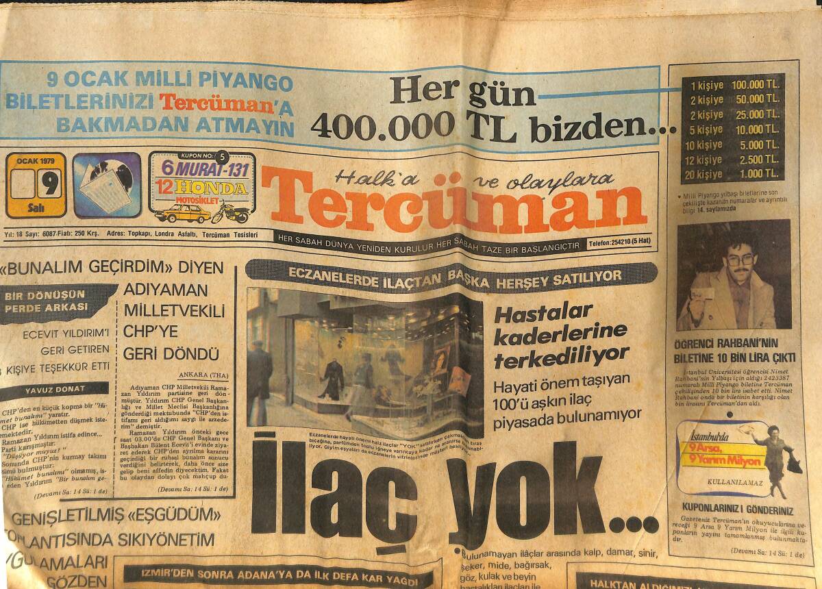 Tercüman Gazetesi 9 Ocak 1979 - Eczanelerde İlaç Kalmadı - Aşiret Reisin Oğlunun Katili Yakalandı GZ133283 - 1