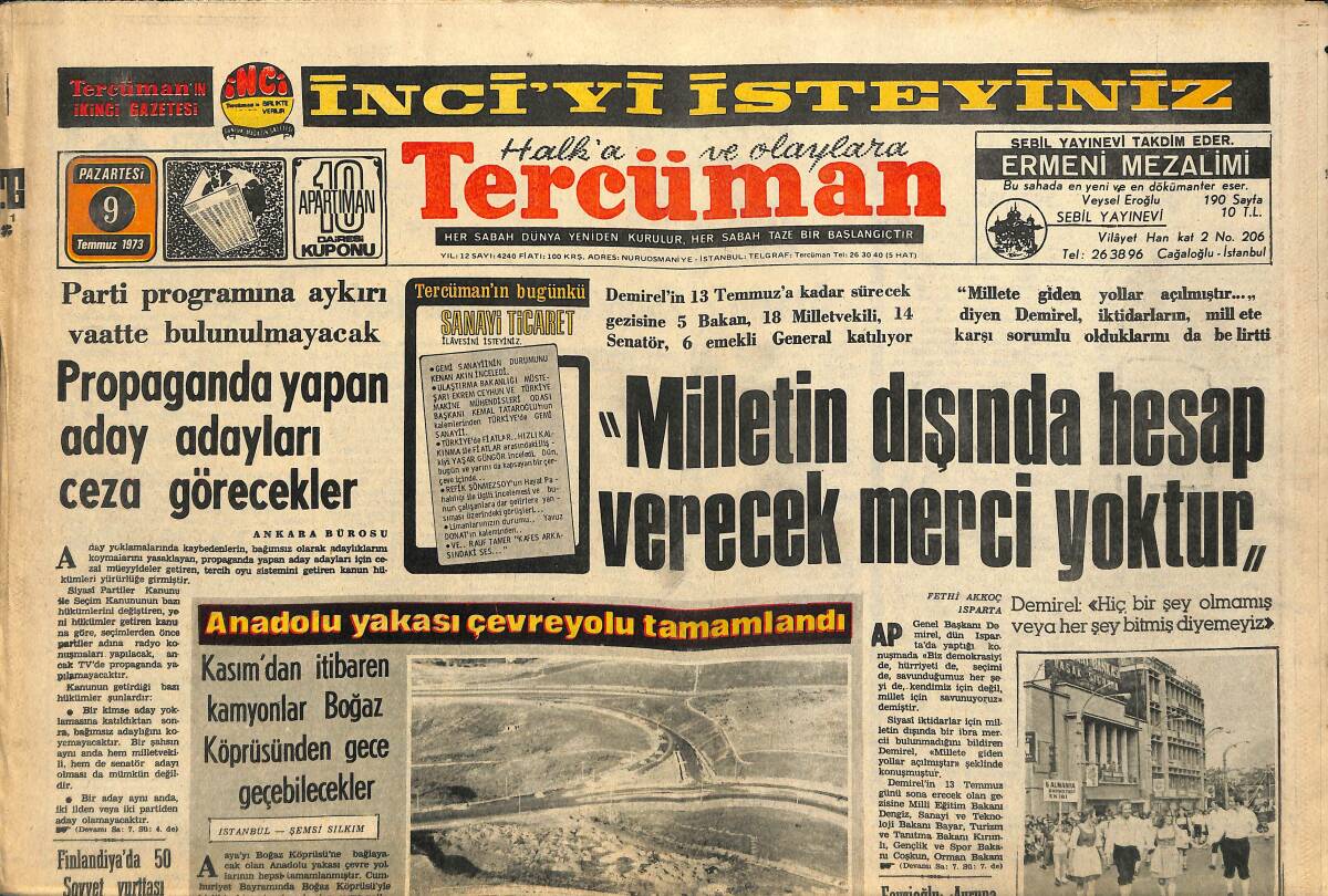 Tercüman Gazetesi 9 Temmuz 1973 - Aydın Menderes AP Ve CHP'yi İtham Etti - Anadolu Yakası Çevreyolu Tamamlandı GZ141496 - 1