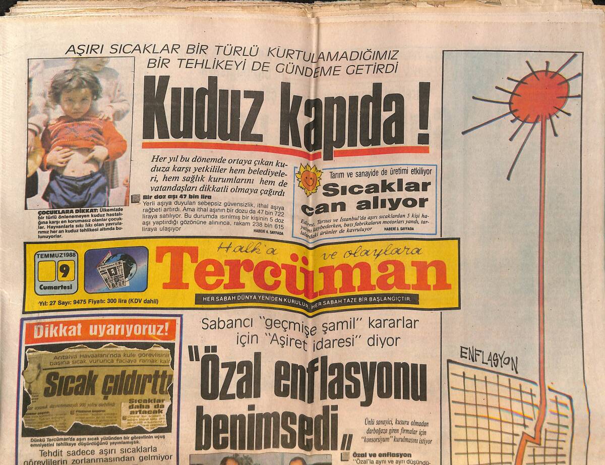 Tercüman Gazetesi 9 Temmuz 1988 - Üsküdar Dünya Şampiyonu - Özal Enflasyonu Benimsedi GZ150360 - 1