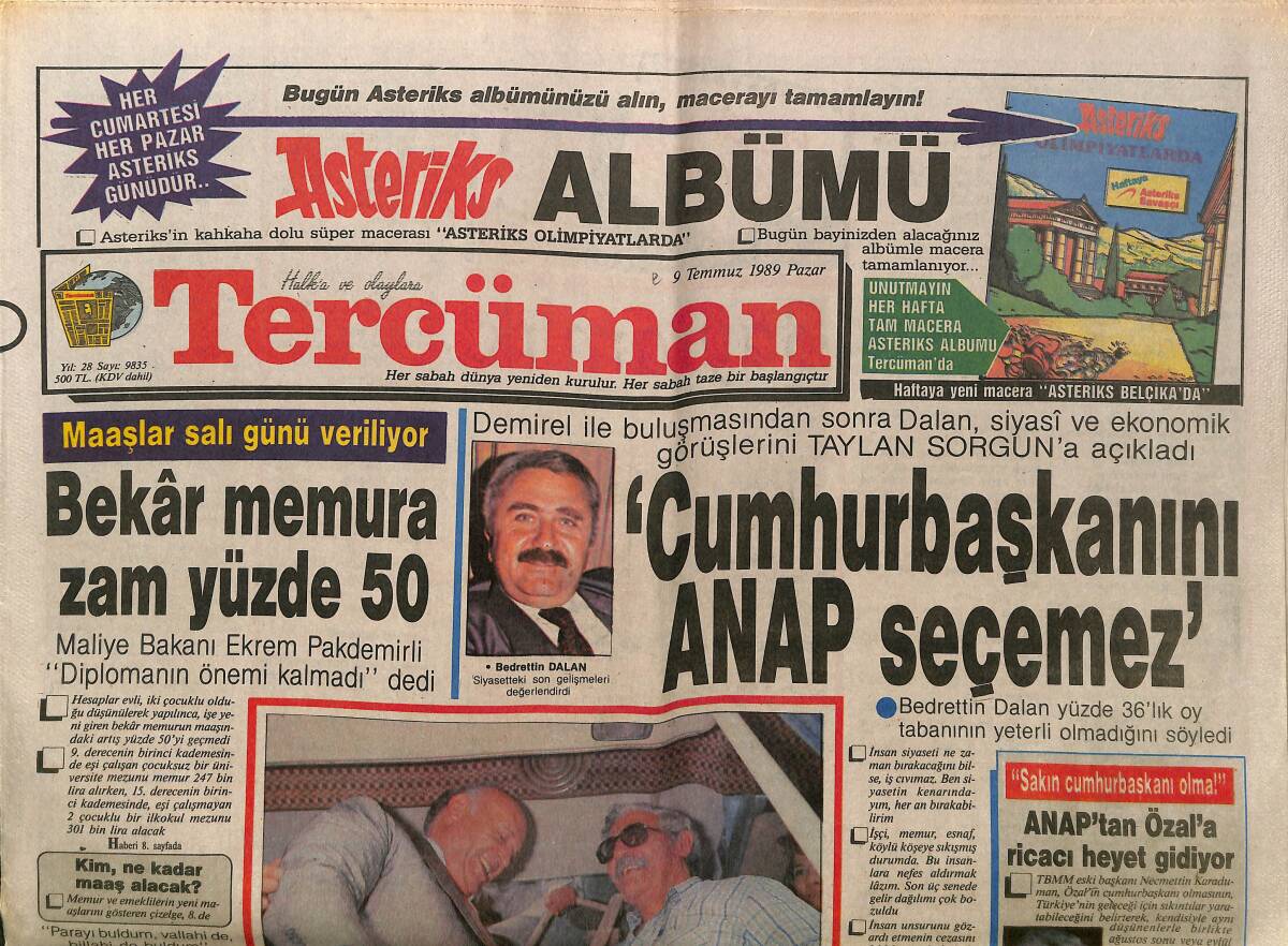 Tercüman Gazetesi 9 Temmuz 1989 - Fenerbahçe'ye 3 Yılda 3 Milyar - Bekar Memura Zam Yüzde 50 GZ150207 - 1