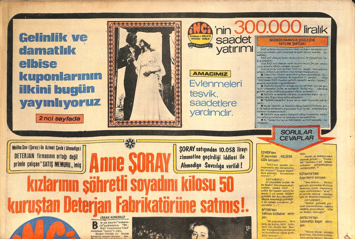 Tercüman Gazetesi İnci Eki 1 Mayıs 1971 - Anne Şoray Kızlarının Şöhretli Soyadını Kilosu 50 Kuruştan Deterjan Fabrikatörüne Satmış ! GZ145458 - 1