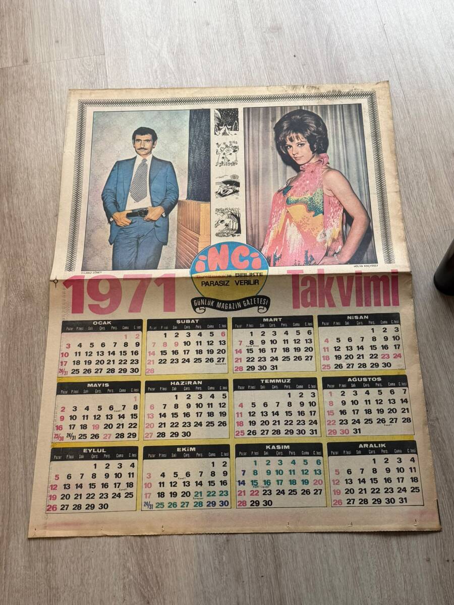 Tercüman Gazetesi İnci Eki 1 Ocak 1971 - 1971 Yılı Yılmaz Güney&Hülya Koçyiğit Görselli Tam Takım Takvim - Türkân Şoray , 1972'nin İlk İmzasını Attı GZ160755 - 3