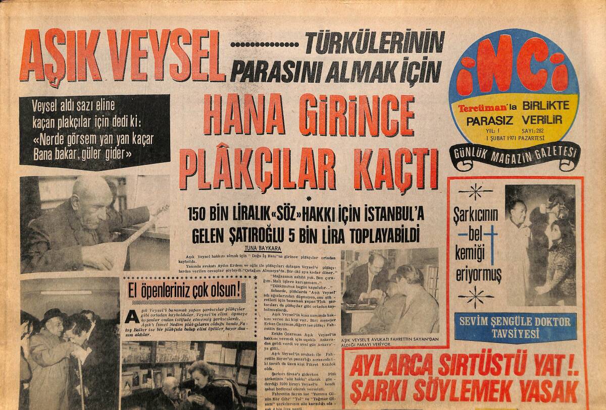 Tercüman Gazetesi İnci Eki 1 Şubat 1971 - Aşık Veysel Türkülerinin Parasını Almak İçin Hana Girince Plâkçılar Kaçtı GZ160721 - 1