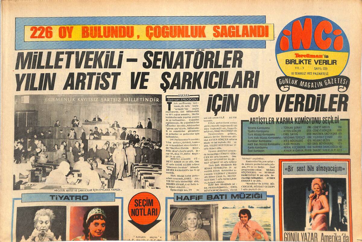 Tercüman Gazetesi İnci Eki 10 Temmuz 1972 - Gönül Yazar Amerika'da Cami Yaptırma Derneği İçin Konser Verecek GZ144885 - 1