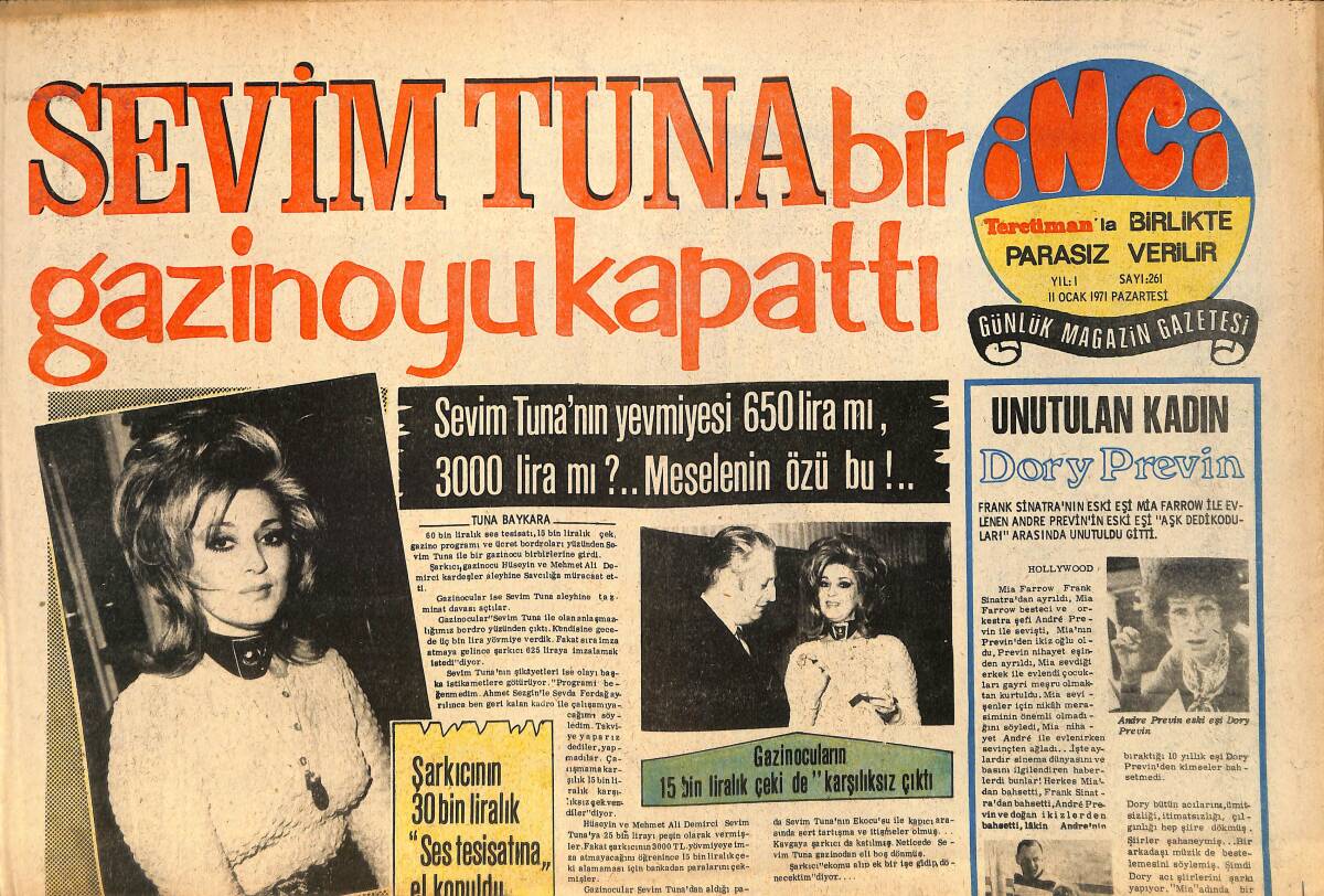 Tercüman Gazetesi İnci Eki 11 Ocak 1971 - Sevim Tuna Bir Gazinoyu Kapattı GZ160514 - 1