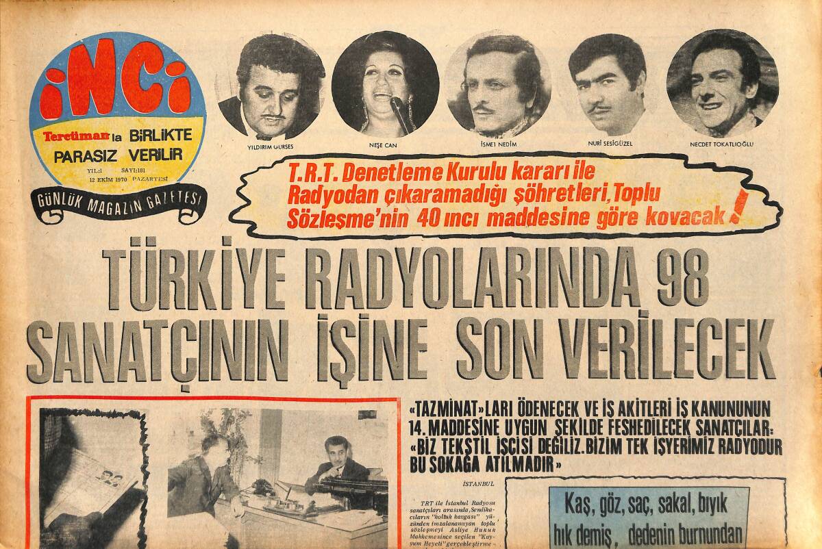 Tercüman Gazetesi İnci Eki 12 Ekim 1970 - Türkiye Radyolarında 98 Sanatçının İşine Son Verilecek - Barış Manço Tanburi Efendinin Torununun Torunu İmiş GZ147452 - 1