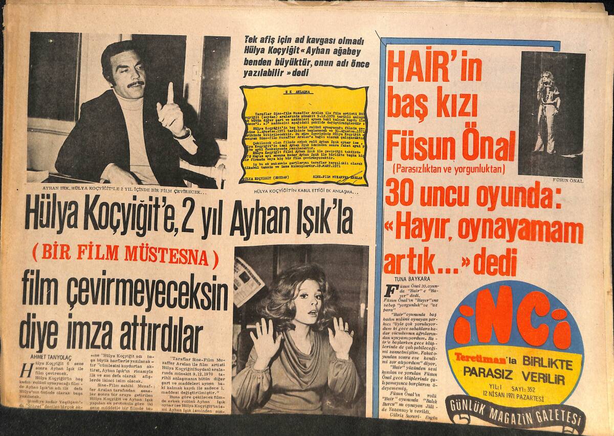 Tercüman Gazetesi İnci Eki 12 Nisan 1971 - Hülya Koçyiğit'e, 2 Yıl Ayhan Işık'la Film Çevirmeyeceksin Diye İmza Attırdılar! GZ145748 - 1