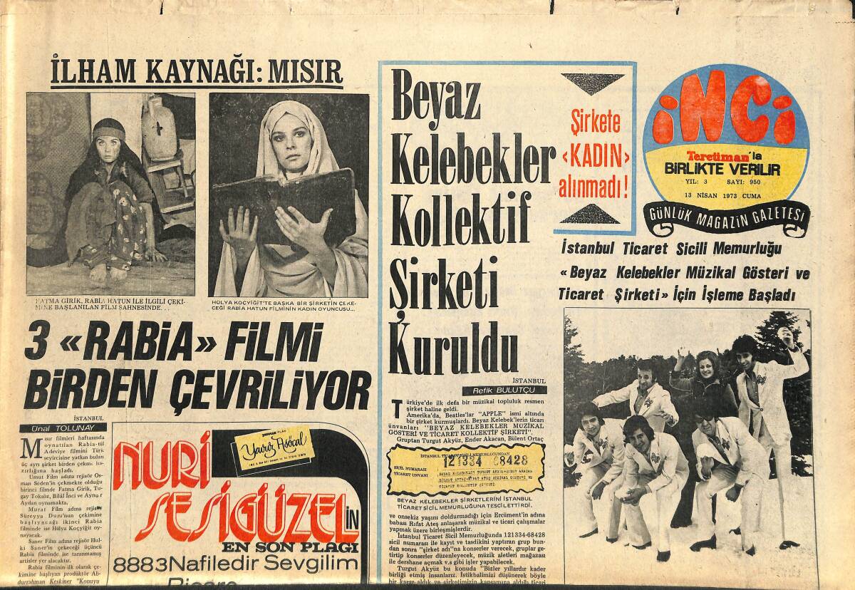 Tercüman Gazetesi İnci Eki 13 Nisan 1973 - Grafson Zeki Müren Afişi - Beyaz Kelebekler Kollektif Şirketi Kuruldu GZ141481 - 1