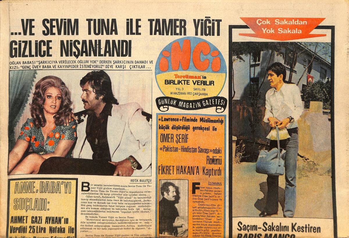 Tercüman Gazetesi İnci Eki 14 Haziran 1972 - Ve Sevim Tuna İle Tamer Yiğit Gizlice Nişanlandı - Saçını Sakalını Kestiren Barış Manço Askerlik Hatırası GZ145635 - 1