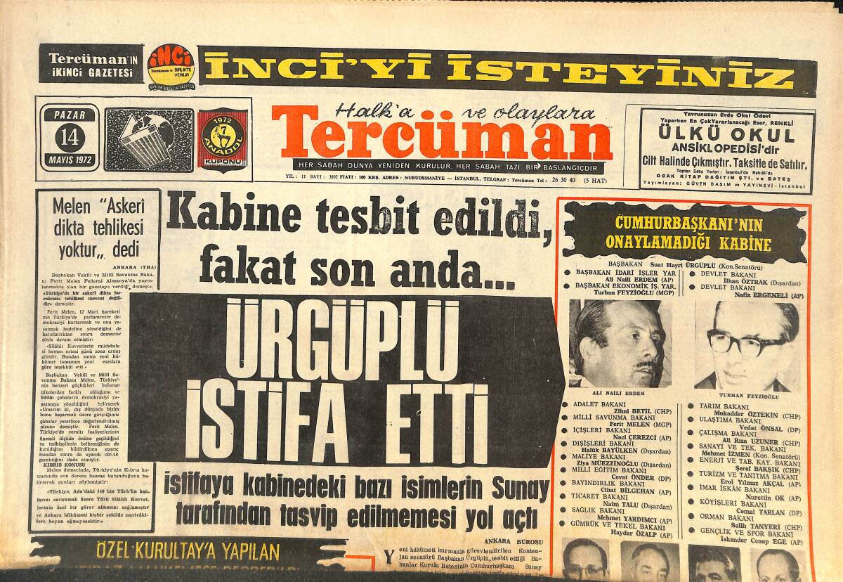 Tercüman Gazetesi İnci Eki 14 Mayıs 1972 - CHP 3. Başkanını Bugün Seçiyor - Kızıl Çinli'ler İsmet Paşa'ya Komşu Oldular! GZ144443 - 1