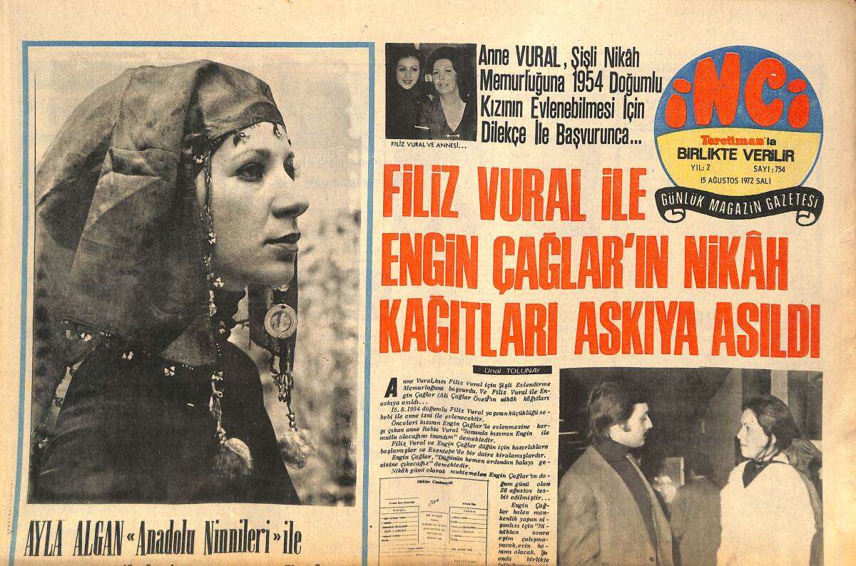 Tercüman Gazetesi İnci Eki 15 Ağustos 1972 - Alaturka Şarkıcı Emel Sayın Film İçin İtalyanca Şarkı Söyledi GZ144497 - 1