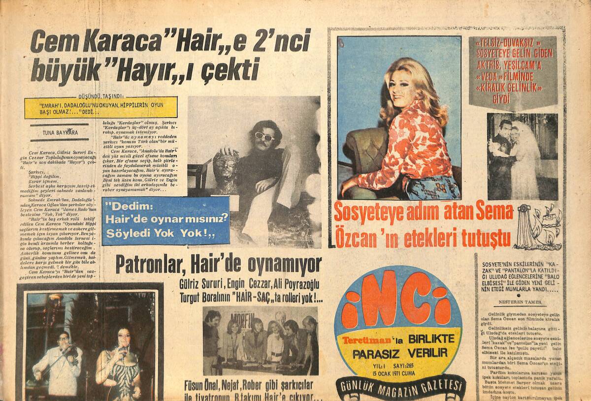 Tercüman Gazetesi İnci Eki 15 Ocak 1971 - Cem Karaca ''Haire''e 2'nci Büyük ''Hayır''ı Çekti GZ160515 - 1