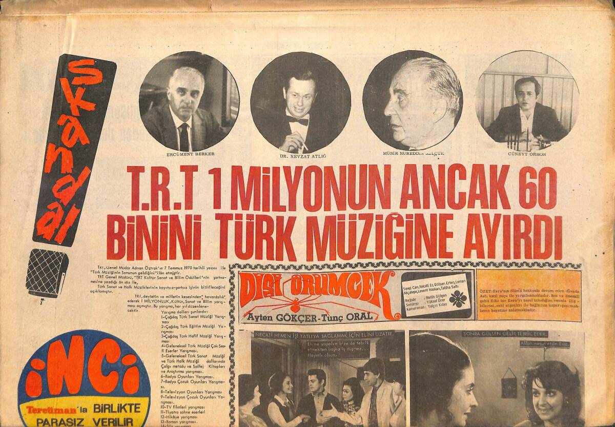 Tercüman Gazetesi İnci Eki 15 Temmuz 1970 - TRT 1 Milyonun Sadece 60 Binini Türk Müziğine Ayırdı GZ146226 - 1