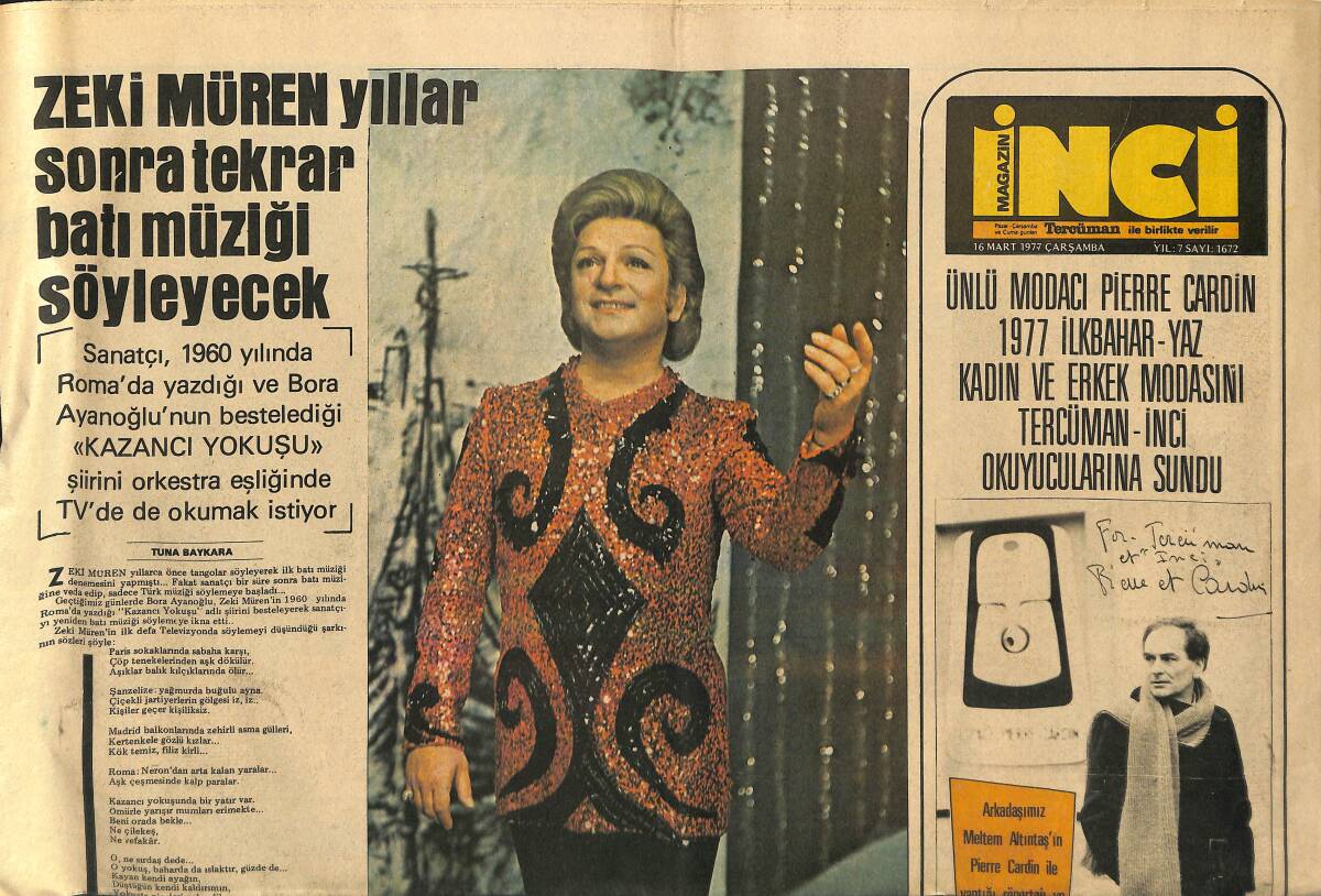 Tercüman Gazetesi İnci Eki 16 Mart 1977 - Zeki Müren Yıllar Sonra Tekrar Batı Müziği Söyleyecek GZ152262 - 1