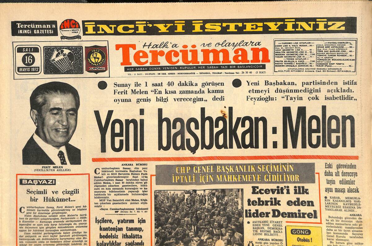 Tercüman Gazetesi İnci Eki 16 Mayıs 1972 - Yeni Başbakan: Melen - Balkan Boks Şampiyonası Bugün Başlıyor! GZ144445 - 1