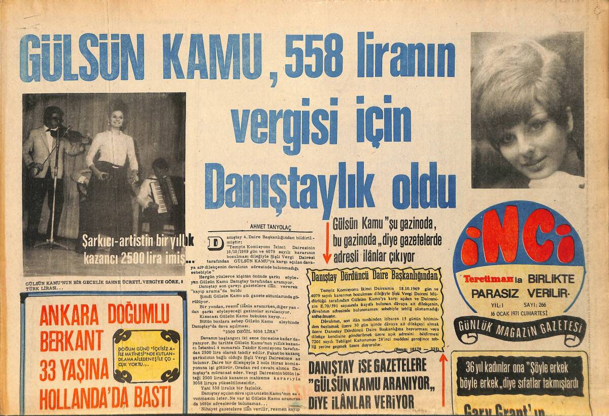 Tercüman Gazetesi İnci Eki 16 Ocak 1971 - Yılmaz Güney İtalyanların Senaryo Teklifini Reddetti - Gönül Akkor Grip Tatili Yaptı GZ160520 - 1