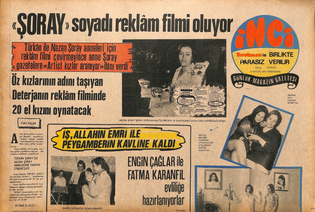 Tercüman Gazetesi İnci Eki 17 Eylül 1971 - Şoray Soyadı Reklam Filmi Oluyor - 007 James Bond Solda Sıfır Olmayan Roller Arıyor GZ147420 - 1
