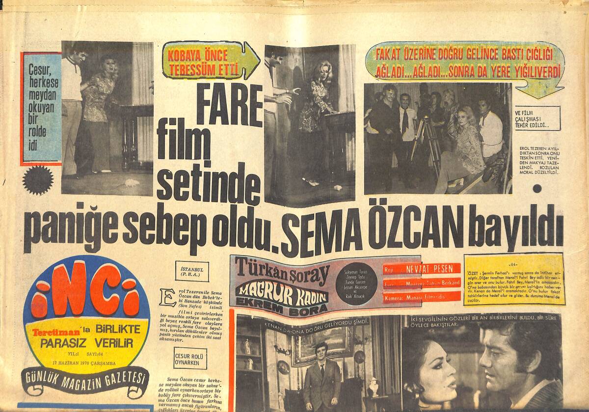 Tercüman Gazetesi İnci Eki 17 Haziran 1970 - Fare, Film Setinde Paniğe Sebep Oldu, Sema Özcan Bayıldı - Münir Özkul 2 Yıl Tiyatrodan Ayrıldı GZ144321 - 1