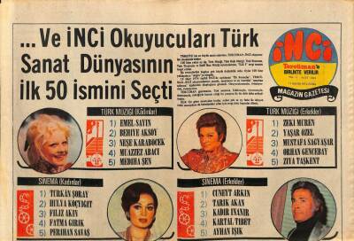 Tercüman Gazetesi İnci Eki 17 Mayıs 1974 - Türk Müziği ( Erkekler ) Zeki Müren - Cüneyt Arkın - Kadir İnanır - Kartal Tibet GZ91908 - 1