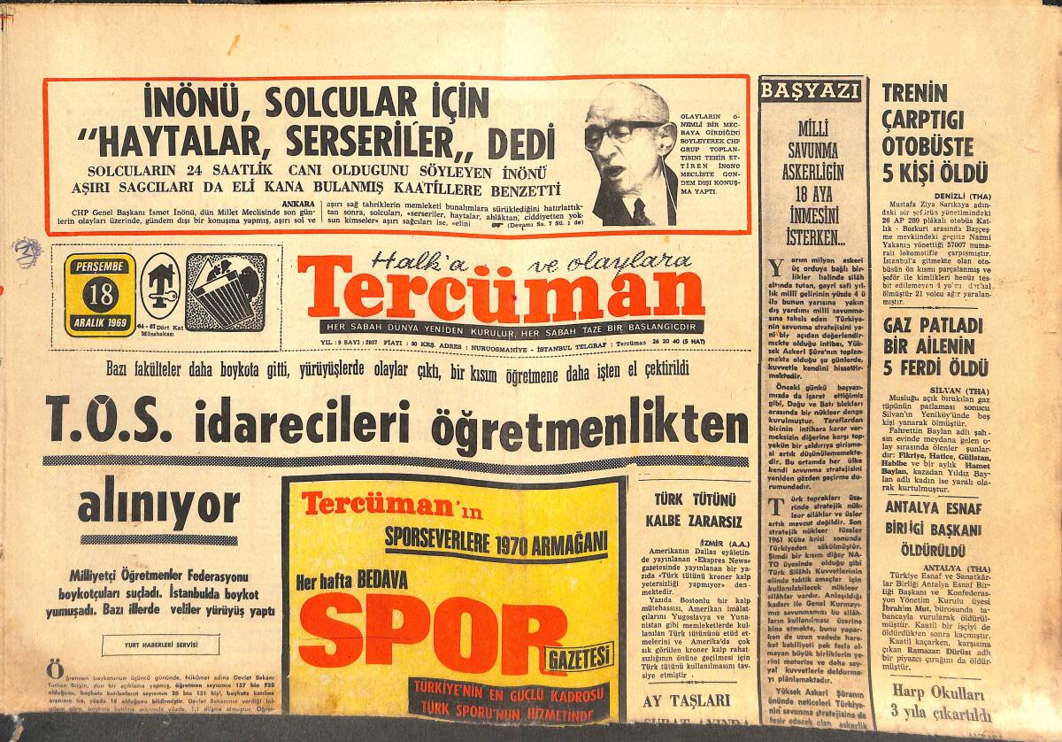 Tercüman Gazetesi İnci Eki 18 Aralık 1969 - T.Ö.S. İdarecileri Öğretmenlikten Alınıyor - Emel Sayın Tekrar İstanbul'da GZ144377 - 1