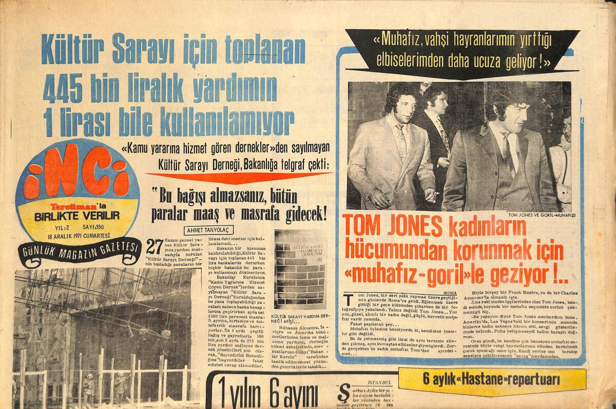 Tercüman Gazetesi İnci Eki 18 Aralık 1971 - Tom Jones Kadınların Hücumundan Korunmak İçin Muhafız Gorille Geziyor - Ali Şenozan Kebapçı Dükkanı Açtı GZ145939 - 1