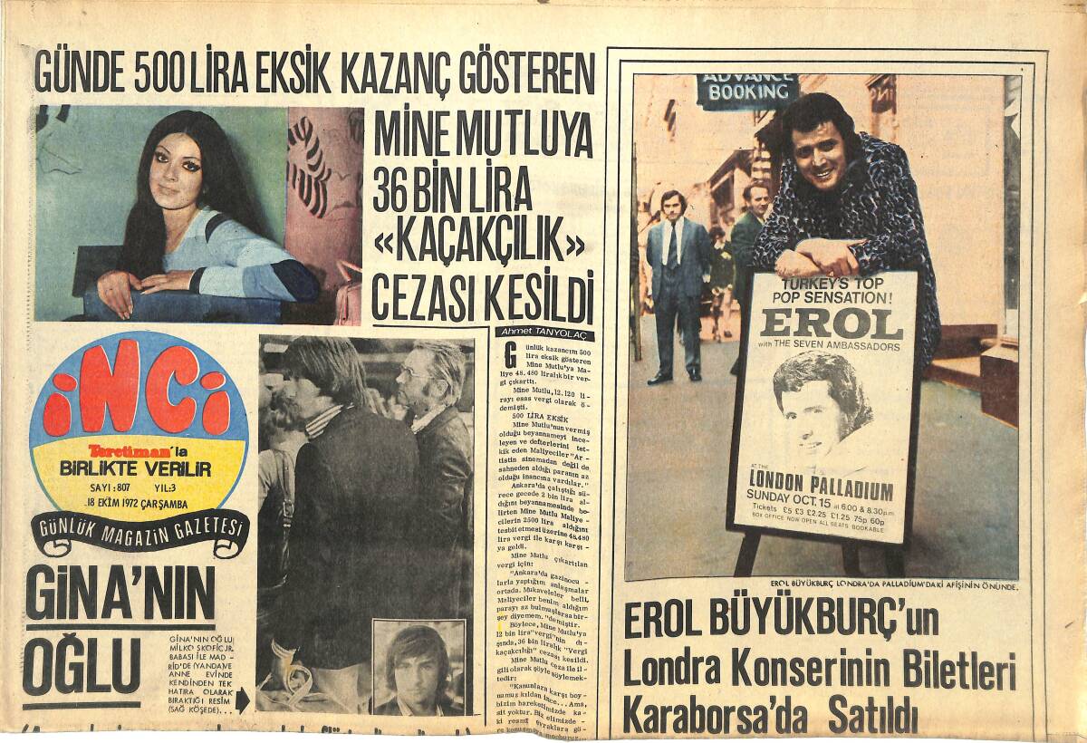 Tercüman Gazetesi İnci Eki 18 Ekim 1972 - Sevim Tuna Tamer Yiğit'siz Aşk Dinlenmesi İçin Avrupa'ya Gitti - Mine Mutlu'ya 36 Bin Lira Kaçakçılık Cezası GZ144603 - 1