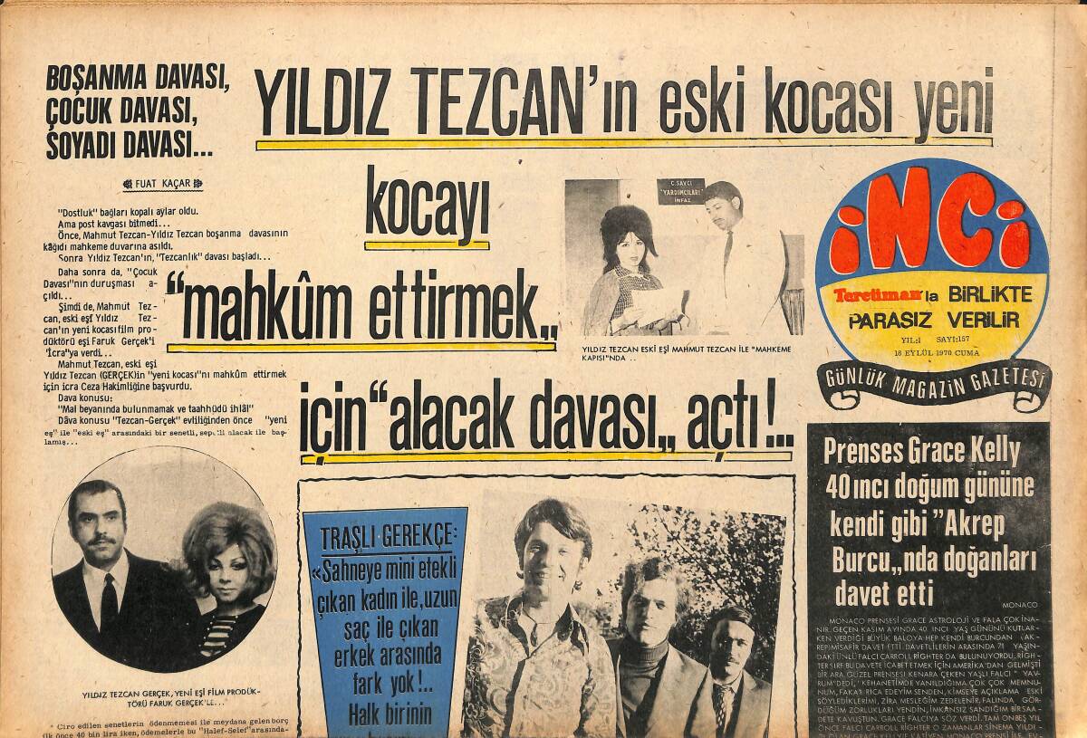 Tercüman Gazetesi İnci Eki 18 Eylül 1971 - Yıldız Tezcan'ın Eski Kocası Yeni Kocayı Mahkum Ettirmek İçin Alacak Davası Açtı GZ147419 - 1