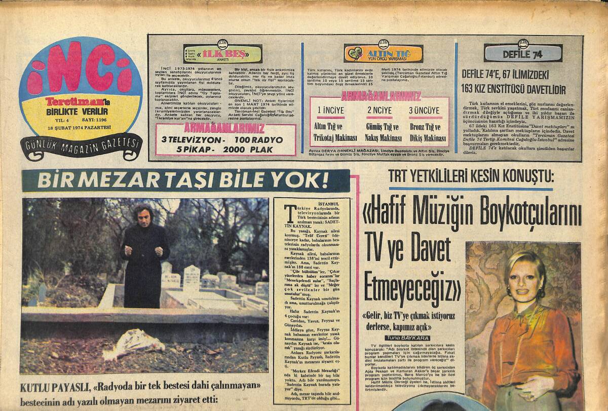 Tercüman Gazetesi İnci Eki 18 Şubat 1974 - Ajda Pekkan TV Boykotuna Katılmayıp Televizyona Çıktı, Barış Manço 