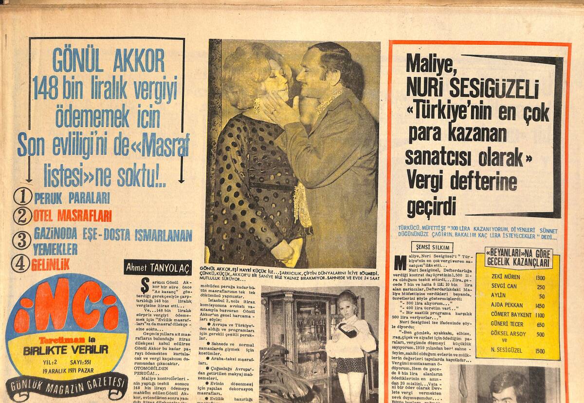 Tercüman Gazetesi İnci Eki 19 Aralık 1971 - Gönül Akkor 148 Bin Liralık Vergiyi Ödememek İçin Son Evliliğini De Masraf Listesine Soktu GZ146231 - 1