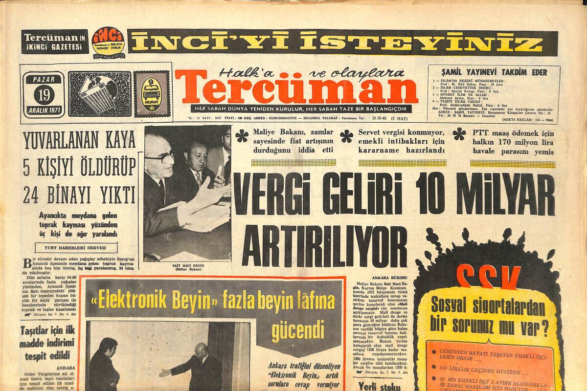 Tercüman Gazetesi İnci Eki 19 Aralık 1971 - Vergi Geliri 10 Milyar Artırılıyor - İsmet İnönü Paris'in Tadını Çıkarıyor! GZ144439 - 1