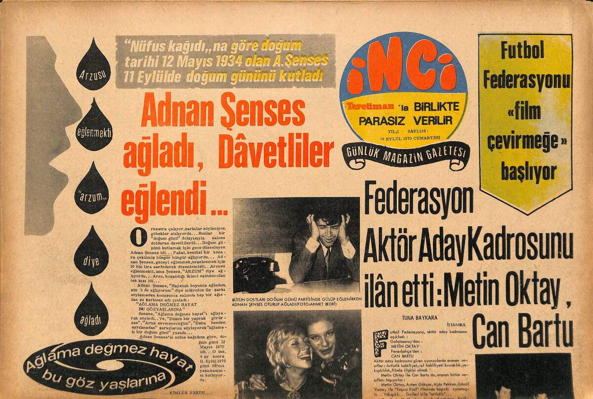 Tercüman Gazetesi İnci Eki 19 Eylül 1971 - Adnan Şenses Ağladı Davetliler Eğlendi - Fatma Girik Selda Alkor'u Tebrik Ediyor GZ147418 - 1