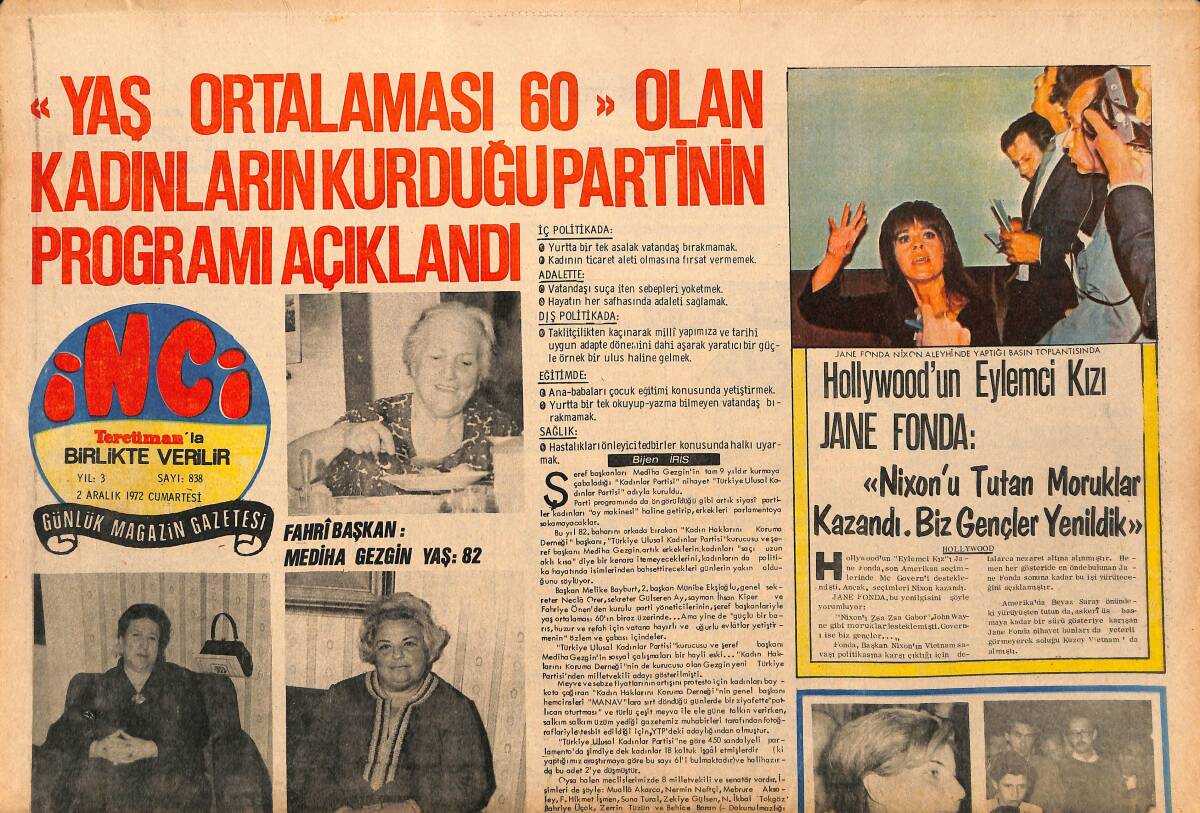 Tercüman Gazetesi İnci Eki 2 Aralık 1972 - Jane Fonda : '' Nixon'u Tutan Moruklar Kazandı . Biz Gençler Yenildik '' GZ147624 - 1