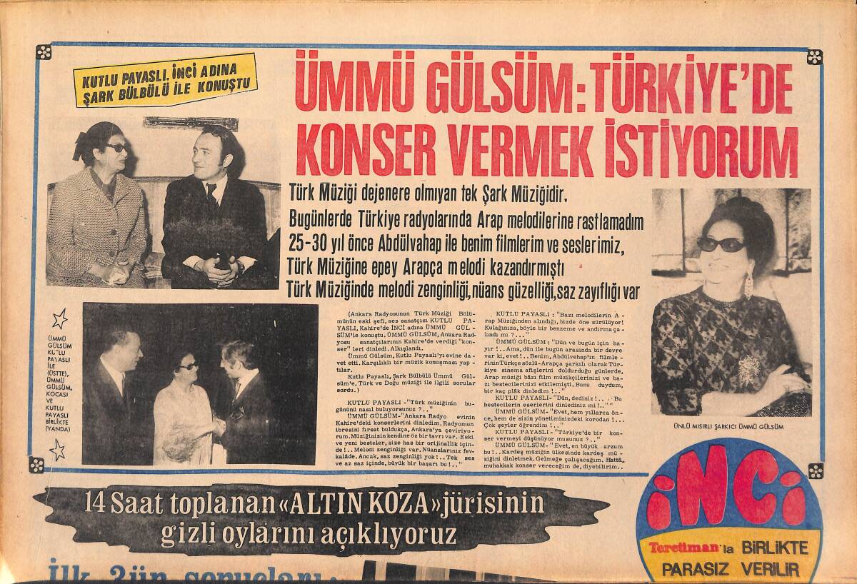 Tercüman Gazetesi İnci Eki 2 Ekim 1970 - Ümmü Gülsüm: Türkiye'de Konser Vermek İstiyorum - Nadya Budak, Şimdi Aydan Oldu GZ147446 - 1