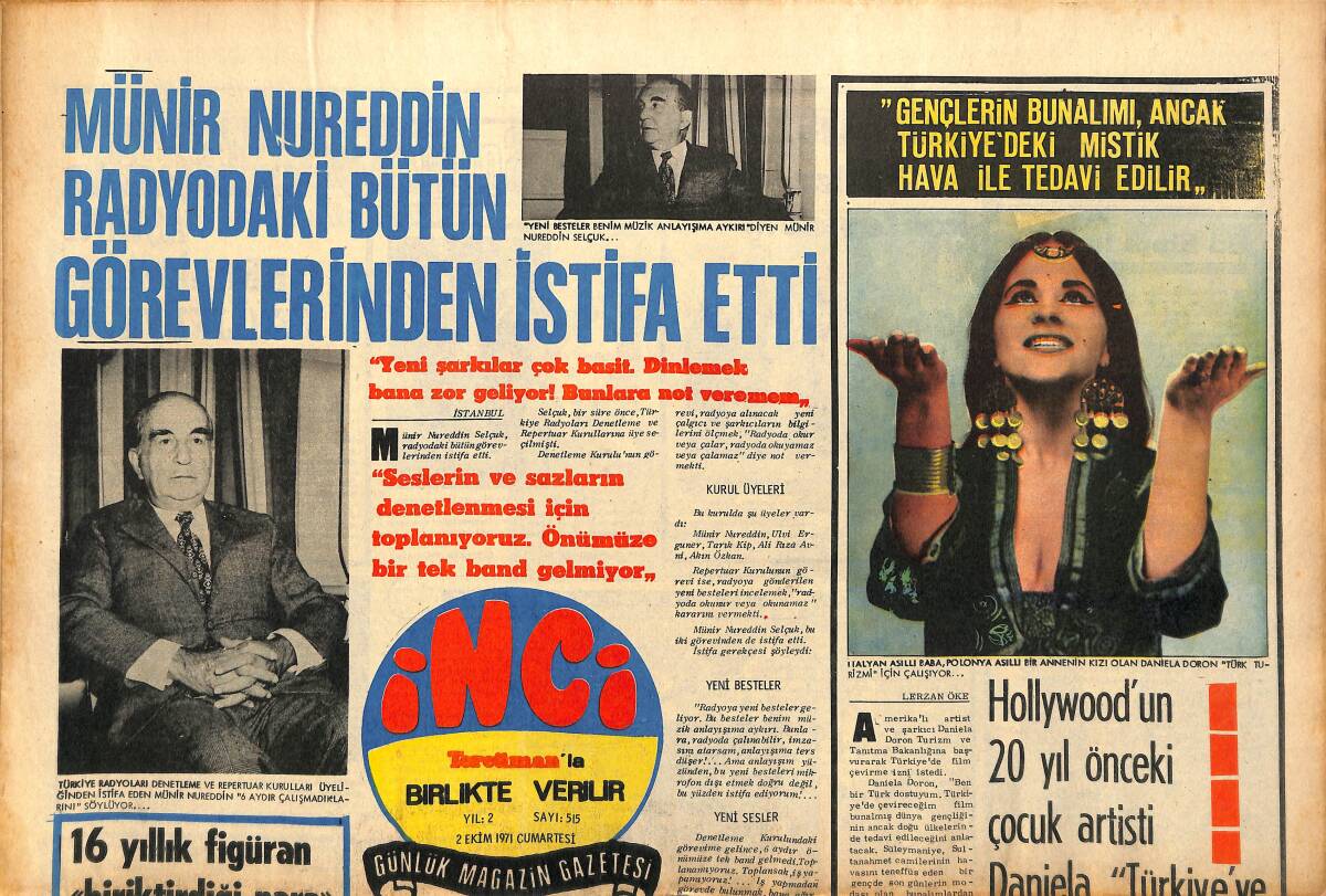 Tercüman Gazetesi İnci Eki 2 Ekim 1971 - Münir Nureddin Radyodaki Bütün Görevlerinden İstifa Etti - Coşkun Erdem Horoz Kesti GZ147487 - 1