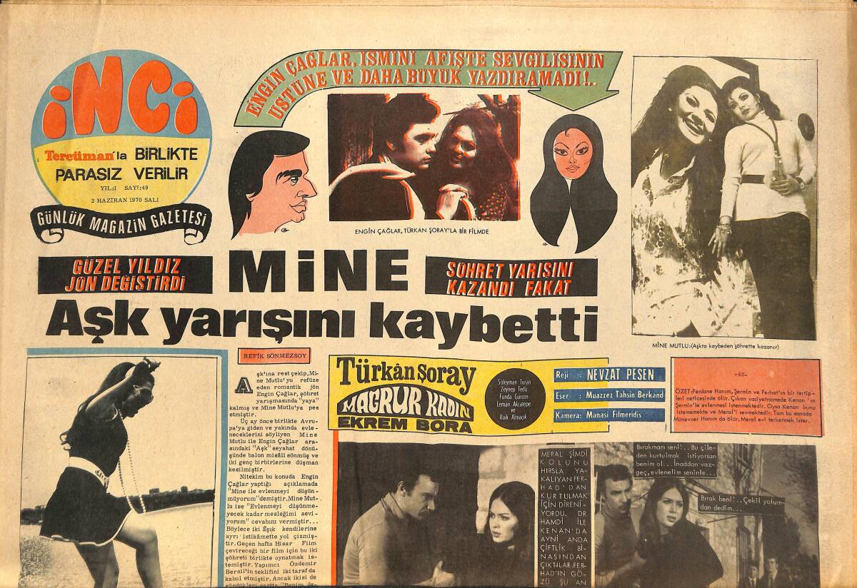 Tercüman Gazetesi İnci Eki 2 Haziran 1970 - Engin Çağlar Türkan Şoray'la Bir Filmde - Zeynep Aksu: Hayat Aşksız Da Olur GZ146285 - 1