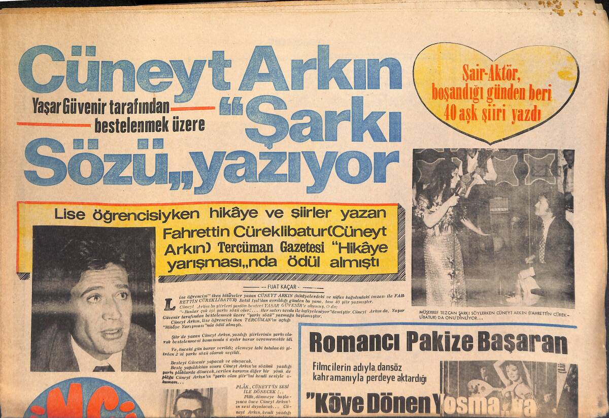 Tercüman Gazetesi İnci Eki 2 Nisan 1971 - Cüneyt Arkın Yaşar Güvenir Tarafından Bestelenmek Üzere Şarkı Sözü Yazıyor GZ146181 - 1