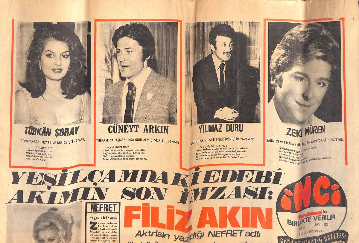 Tercüman Gazetesi İnci Eki 2 Nisan 1972 - Zeki Müren , Resim Yapıyor Şiir Yazıyor - Cüneyt Arkın ''Hikaye Yarışması'nda Ödül Almış'' GZ160894 - 1