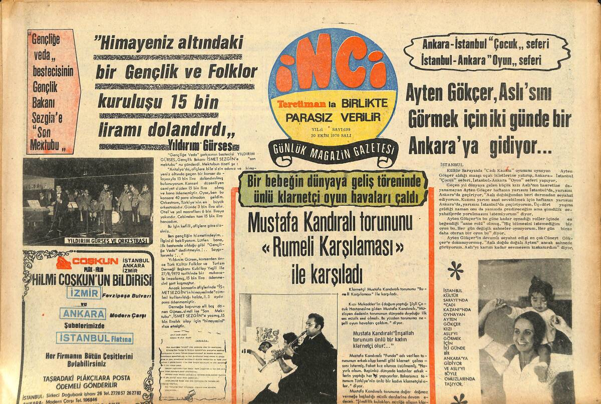 Tercüman Gazetesi İnci Eki 20 Ekim 1970 - Dalida Gözyaşı Döktü: Eski Eşi Öldü - Ayten Gökçer, Aslı'sını Görmek İçin İki Günde Bir Ankara'ya Gidiyor GZ147465 - 1