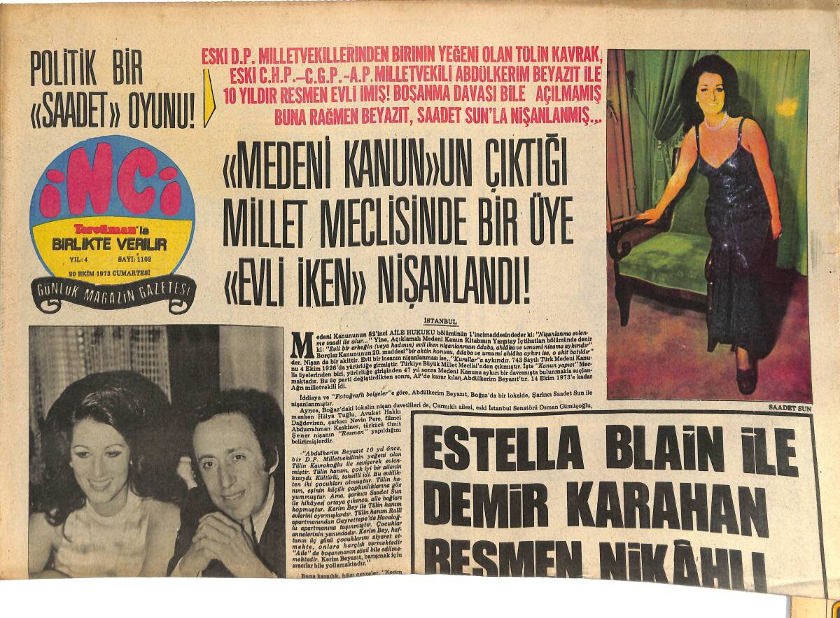 Tercüman Gazetesi İnci Eki 20 Ekim 1973 - Necla İz Büyükanne Oluyor! - Brigitte Bardot Eski Eşi İle Kapı Komşusu Oldu! GZ144738 - 1