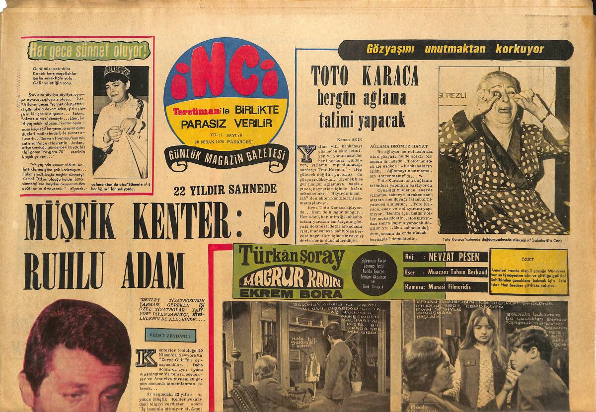 Tercüman Gazetesi İnci Eki 20 Nisan 1970 - Müşfik Kenter : 50 Ruhlu Adam - Klarnet Üstadı , Atina Ve Beyrut'a Çağırıldı GZ144818 - 1
