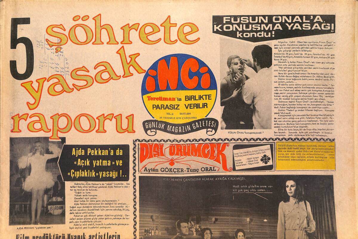 Tercüman Gazetesi İnci Eki 20 Temmuz 1970 - Ajda Pekkan'a Açık Yatma Ve Çıplaklık Yasağı - Füsun Önal'a Konuşma Yasağı Kondu! GZ146233 - 1